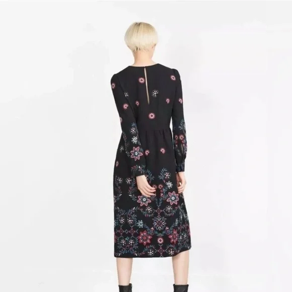Zara Midi Floral Runways Fav Embroidered Long Sleeves Black Dress M - Picture 3 of 13